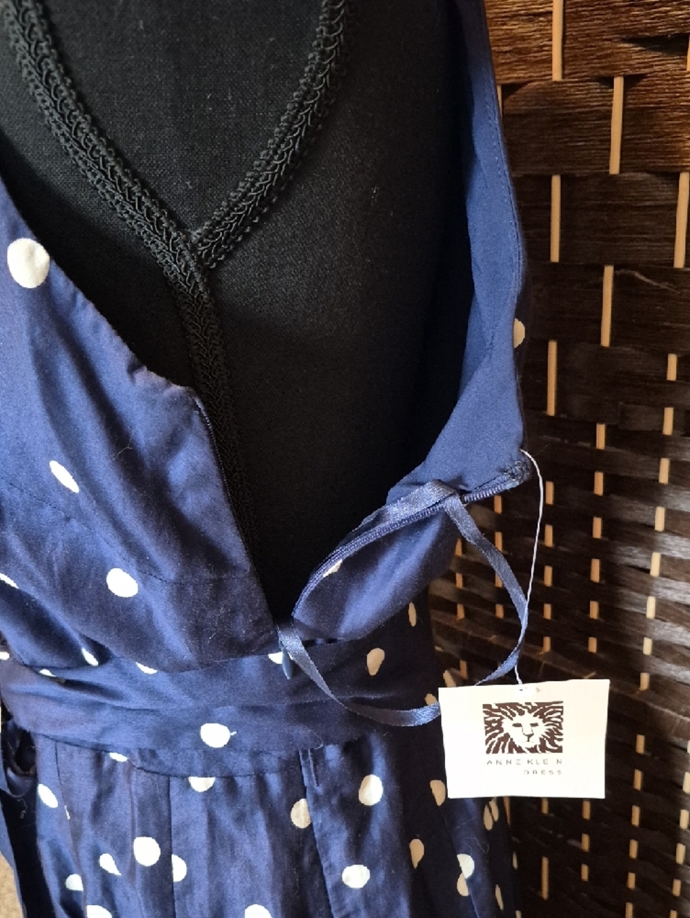Anne Klein Navy and White Polka Dot Sleeveless Wrap Midi Dress - Picture 4 of 7